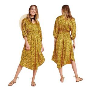 Anthropologie Dress M Marigold Midi Gold Black Yellow V Neck Puff Wide Sleeves